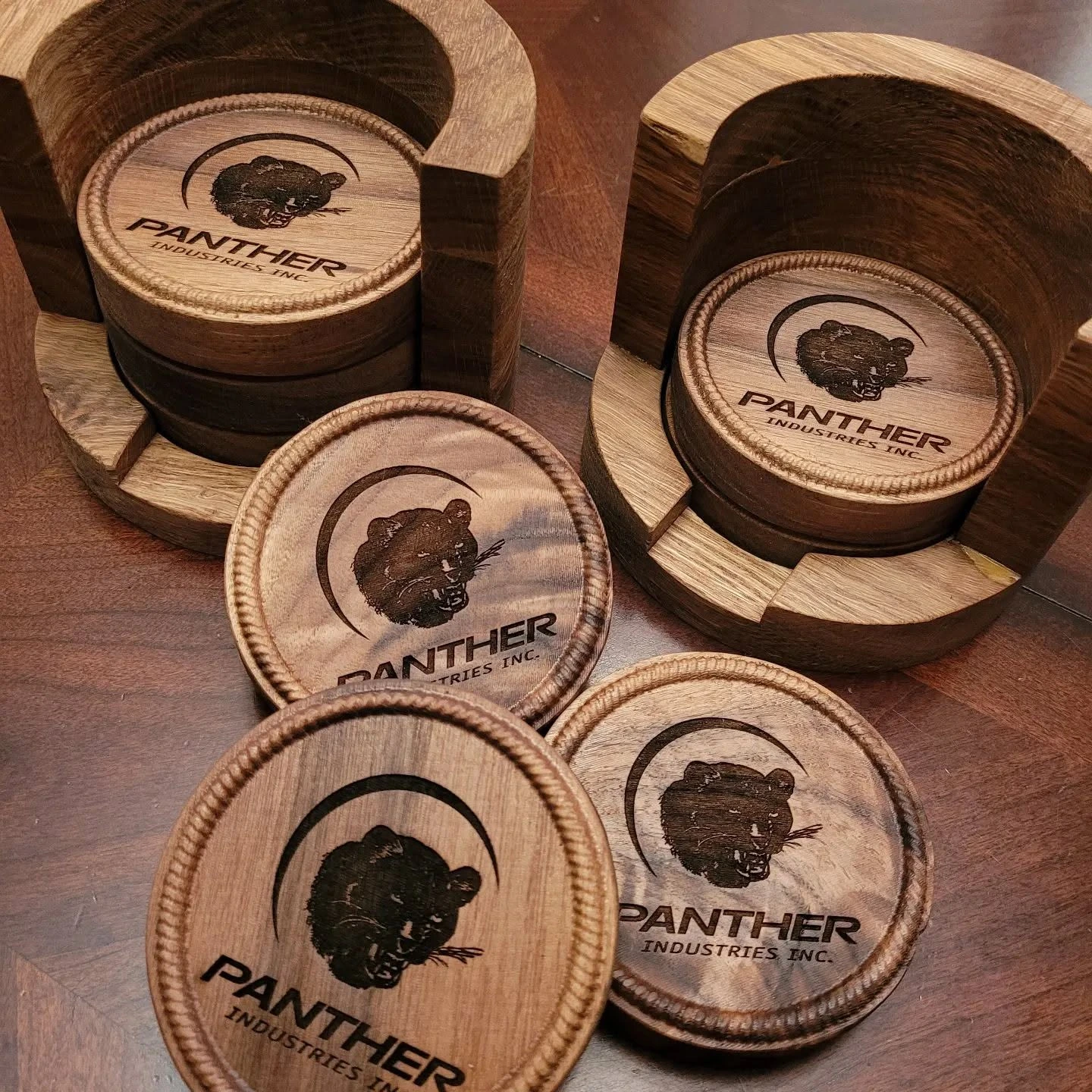 Engraved wood coasters with matching wood holders