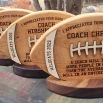 Round wood coach appreciation awards on display