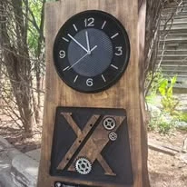 Wood recognition clock with crossed tools